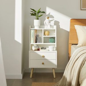 Dekorativt sengebord/natbord med 2 skuffer og åbne rum, hvid, 43 x 81 x 36 cm