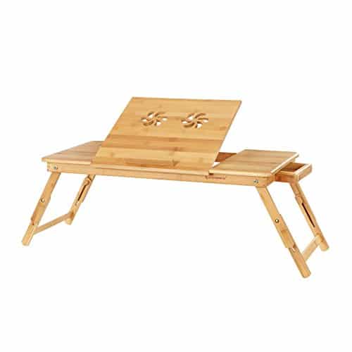 SONGMICS Bamboo Laptop-skrivebord, foldbart sengebord, til venstrehåndede, højrehåndede, højdejusterbar sofabakke, 72 x (21-29) x 35 cm (B x H x T), med 5 vippevinkler, lufthuller, små Skuffe LLD004