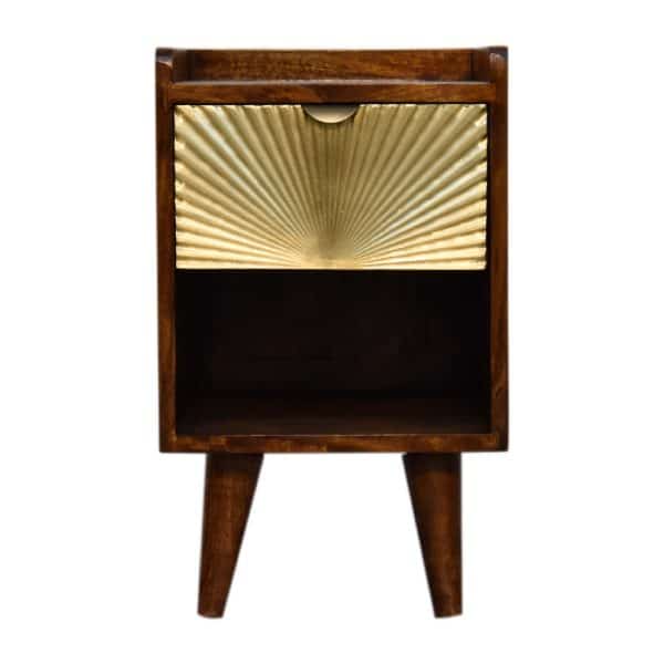 Sengebord med skuffe dekoreret med guldfarve, H50xB30xD30 cm