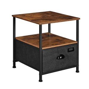 SONGMICS sengebord, m. 2 hylder og 1 skuffe - rustik brun MDF og sort imiteret ruskind/metal (41x41)