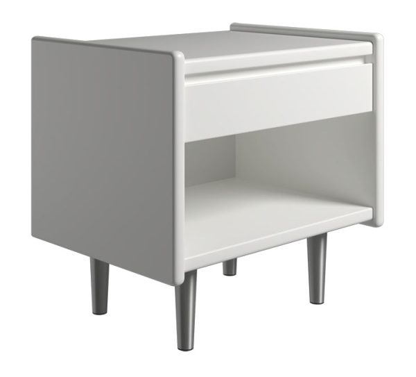 Krone 50 cm bredt hvid lakeret sengebord med 1 skuffe og 1 rum - Dansk produceret. 37 cm dybde Metalben