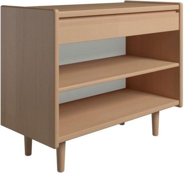 Krone 80 cm bredt sengebord i bøgefiner med 1 skuffe og 1 hylde - Dansk produceret. 37 cm dybde Træben