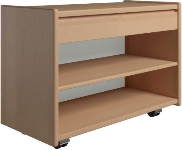 Krone 80 cm bredt sengebord i bøgefiner med 1 skuffe og 1 hylde - Dansk produceret. 47 cm dybde Hjul