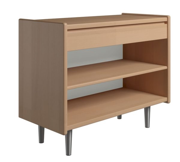 Krone 80 cm bredt sengebord i bøgefiner med 1 skuffe og 1 hylde - Dansk produceret. 47 cm dybde Metalben