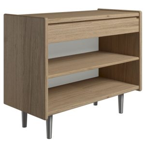 Krone 80 cm bredt sengebord i olieret egefiner med 1 skuffe og 1 hylde - Dansk produceret. 37 cm dybde Metalben