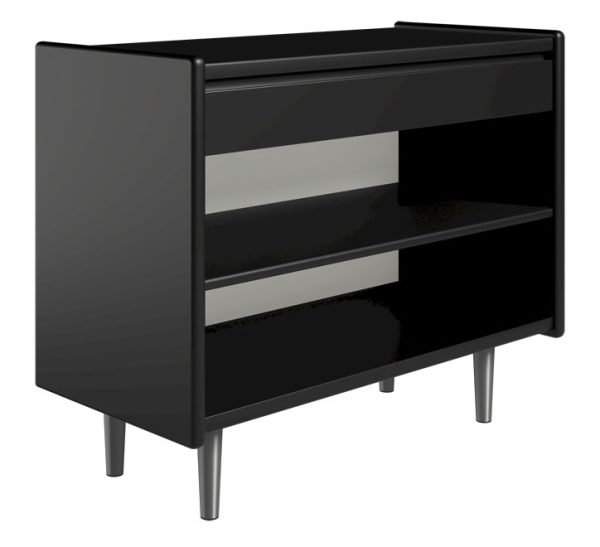 Krone 80 cm bredt sengebord sort lakeret med 1 hylde og 1 skuffe - Dansk produceret. 37 cm dybde Metalben