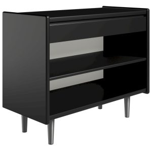 Krone 80 cm bredt sengebord sort lakeret med 1 hylde og 1 skuffe - Dansk produceret. 47 cm dybde Metalben