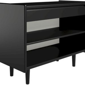 Krone 80 cm bredt sengebord sort lakeret med 1 hylde og 1 skuffe - Dansk produceret. 47 cm dybde Træben