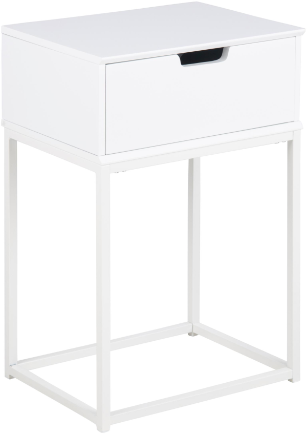 Natbord / sengebord Signature Trinelle - hvid MDF UV-finish, H61,5 x B40 x D30 cm, med skuffe og stålben