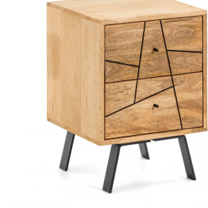 Sengebord Kave Home Balia massivt mangotræ og metal natbord rustik moderne 2 skuffer med soft-close 40x40x56 cm