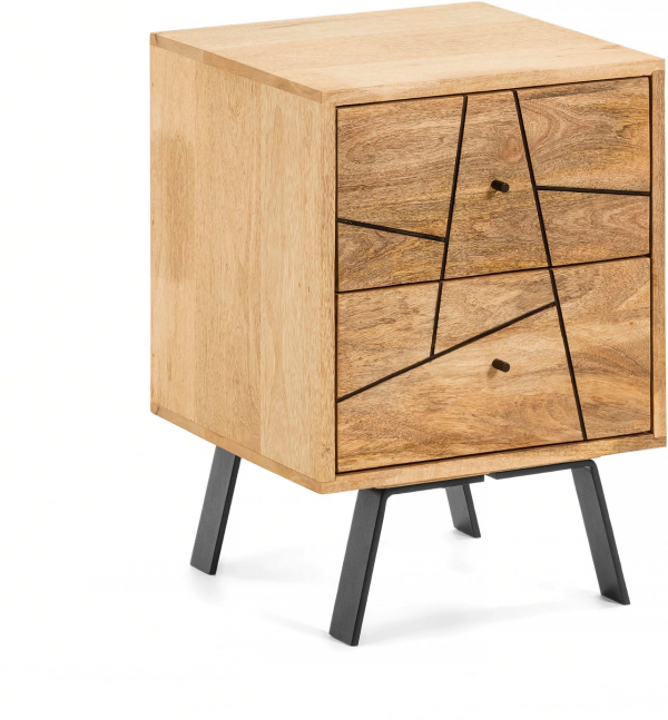 Sengebord Kave Home Balia massivt mangotræ og metal natbord rustik moderne 2 skuffer med soft-close 40x40x56 cm