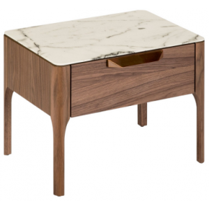 Sengebord med 1 skuffe i glas og valnøddefinér H44 x B55 x D40 cm - Valnød/Hvid marmor