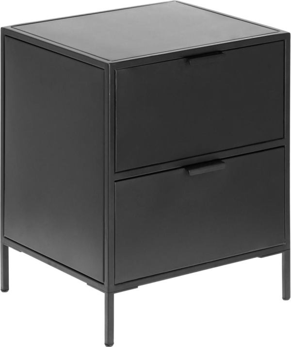 Sengebord/natbord Kave Home Shantay i sort pulverlakeret stål med 2 skuffer 50x35x40 cm industri nordisk