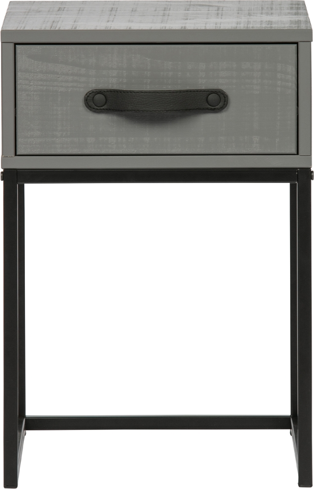 Sengebord/natbord WOOOD Morris i lergrå finish FSC-træ med sort metalramme, skuffe med læderhåndtag, H52xB35xD35 cm
