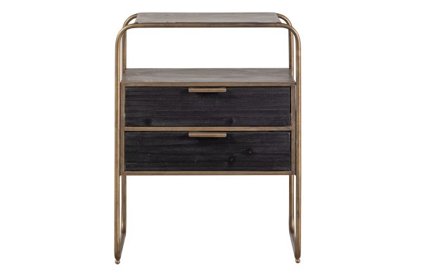 WOOOD Collection sengebord, m. 2 skuffer - antik messing metal og sort træ (45x38)