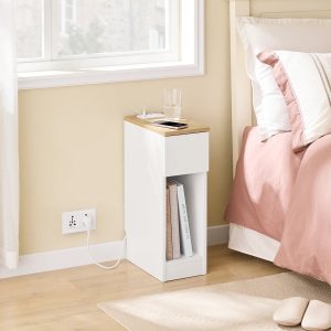 Slankt sengebord med USB-porte og skuffe, hvid (20 x 60 x 35 cm)
