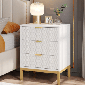 Sengebord med skuffer i metal og MDF H65,5 x B50 x D40 cm - Mat guld/Hvid
