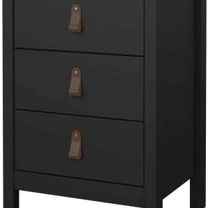 Sengebord Vesterholm Lunor natbord, 3 skuffer, mat sort, H70 cm, inkl. læder- og metalgreb, FSC, antivælteanordning