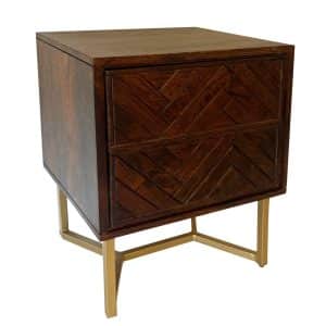 Sengebord i massivt akacietræ, 45x40x57 cm, natbord til boxmadras, moderne brunt natbord med 2 skuffer, sildebensmønster, natbord med opbevaringsplads og metalramme